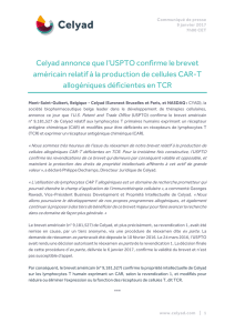 Celyad annonce que l`USPTO confirme le brevet américain relatif à