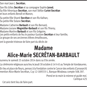 Madame Alice-Marie SECRÉTAN-BARBAULT
