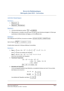 Brevet de Mathématiques Métropole, Juin 2012