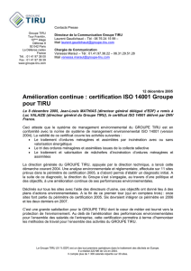 12 décembre 2005 Amélioration continue : certification ISO 14001