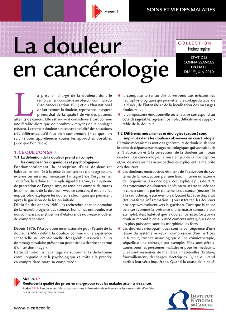 La douleur en cancérologie Institut National Du Cancer