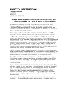 Algérie. Amnesty International réprouve une condamnation pour