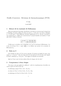 Feuille d`exercices : Révisions de thermodynamique (PCSI)