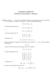 Probabilités, MATH 424 Feuille de travaux dirigés 3. Solutions.