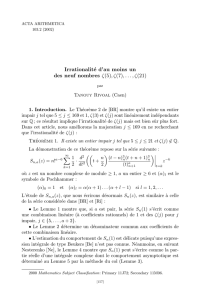 Irrationalité d`au moins un des neuf nombres ζ(5),ζ(7),...,ζ(21)