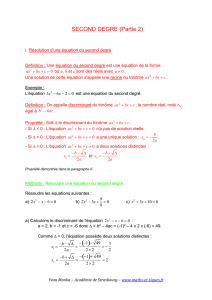 SECOND DEGRE (Partie 2) I. Résolution d`une équation du second
