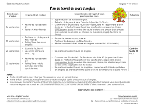 Plan de travail du cours d`anglais