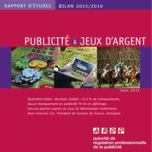PUBLICITÉ   JEUX D’ARGENT &amp; RAPPORT D’ÉTUDES BILAN 2015/2016