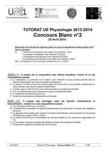 Concours Blanc n°2  TUTORAT UE Physiologie 2013-2014 25 Avril 2014