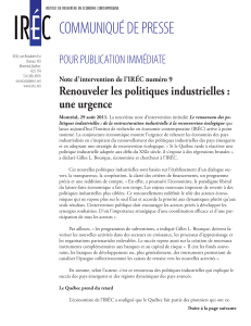 COMMUNIQUÉ DE PRESSE POUR PUBLICATION IMMÉDIATE Renouveler les politiques industrielles : une urgence