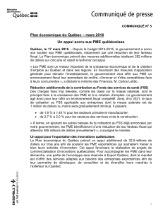 Communiqué de presse Plan économique du Québec – mars 2016