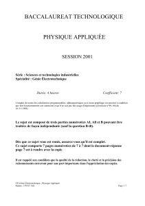 BACCALAUREAT TECHNOLOGIQUE PHYSIQUE APPLIQUÉE SESSION 2001 Série : Sciences et technologies industrielles