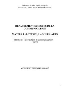 DEPARTEMENT SCIENCES DE LA COMMUNICATION  MASTER 1 - LETTRES, LANGUES, ARTS