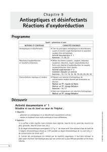 Antiseptiques et désinfectants Réactions d’oxydoréduction Chapitre 9 Programme