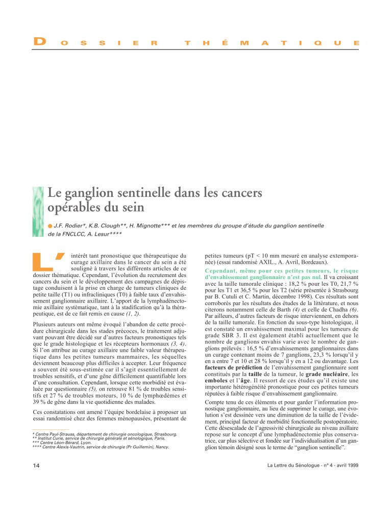 Le Ganglion Sentinelle Dans Les Cancers Op Rables Du Sein D