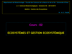 Département de Biotechnologie – Faculté des Sciences de la Nature... Pr.  M. Z. TALEB Matière : Gestion des Ecosystèmes