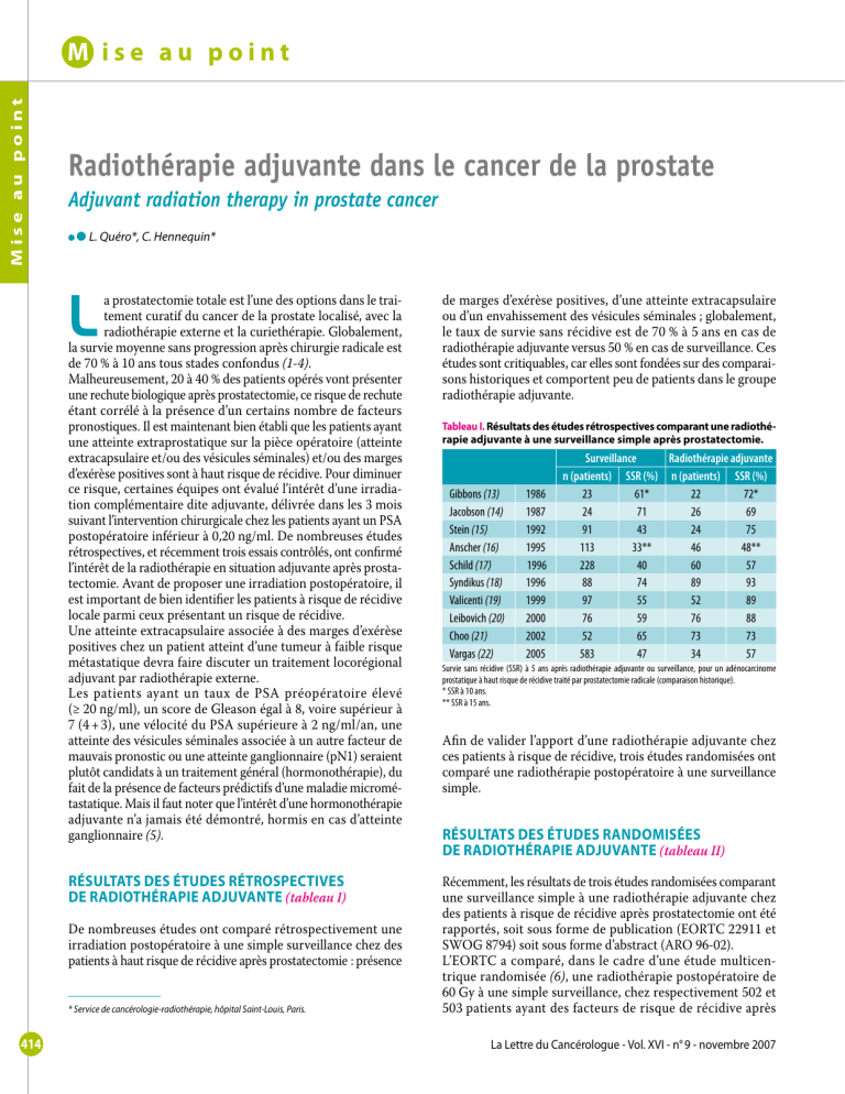 L Radiothérapie adjuvante dans le cancer de la prostate M