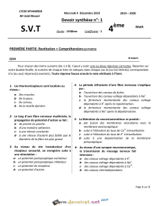 Devoir Corrigé de Synthèse N°1 - SVT - Neurophysiologie - Bac Math (2019-2020) Mr Said Mounir