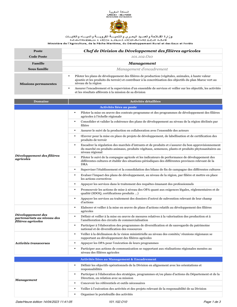 Fiche de Poste: Chef de Division Développement Filières Agricoles