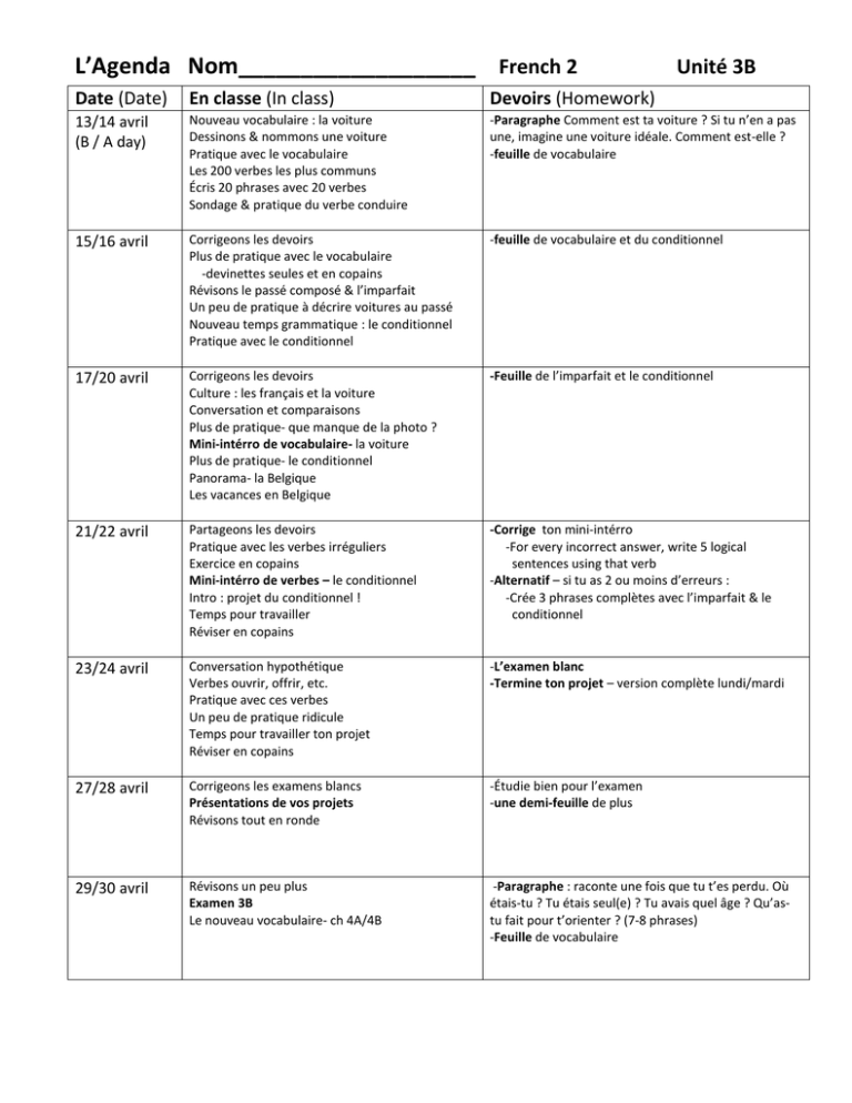 L Agenda Nom French