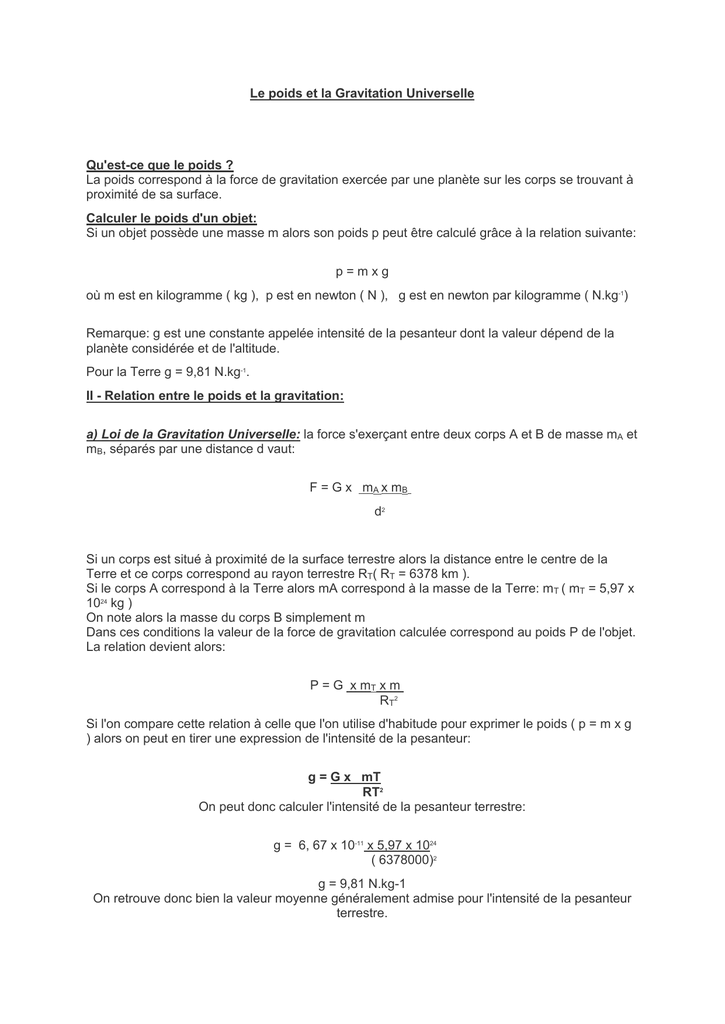 La Gravitation Universelle Et Relation Avec Le Poids