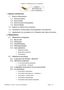 Physiologie des micro-organismes 1. Besoins