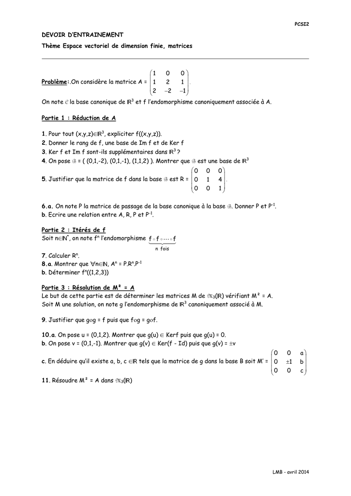 Devoir D Entrainement Theme Espace Vectoriel De Dimension