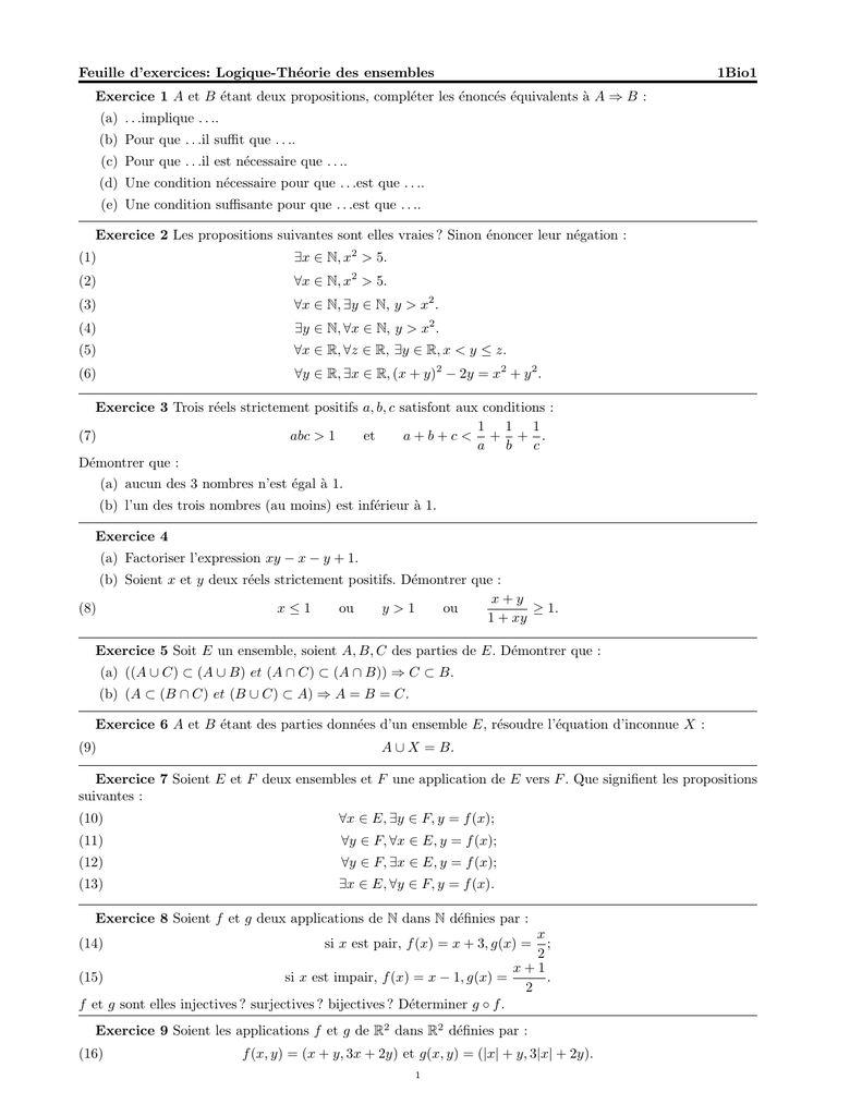 Feuille D Exercices Logique Theorie Des Ensembles 1bio1 Exercice