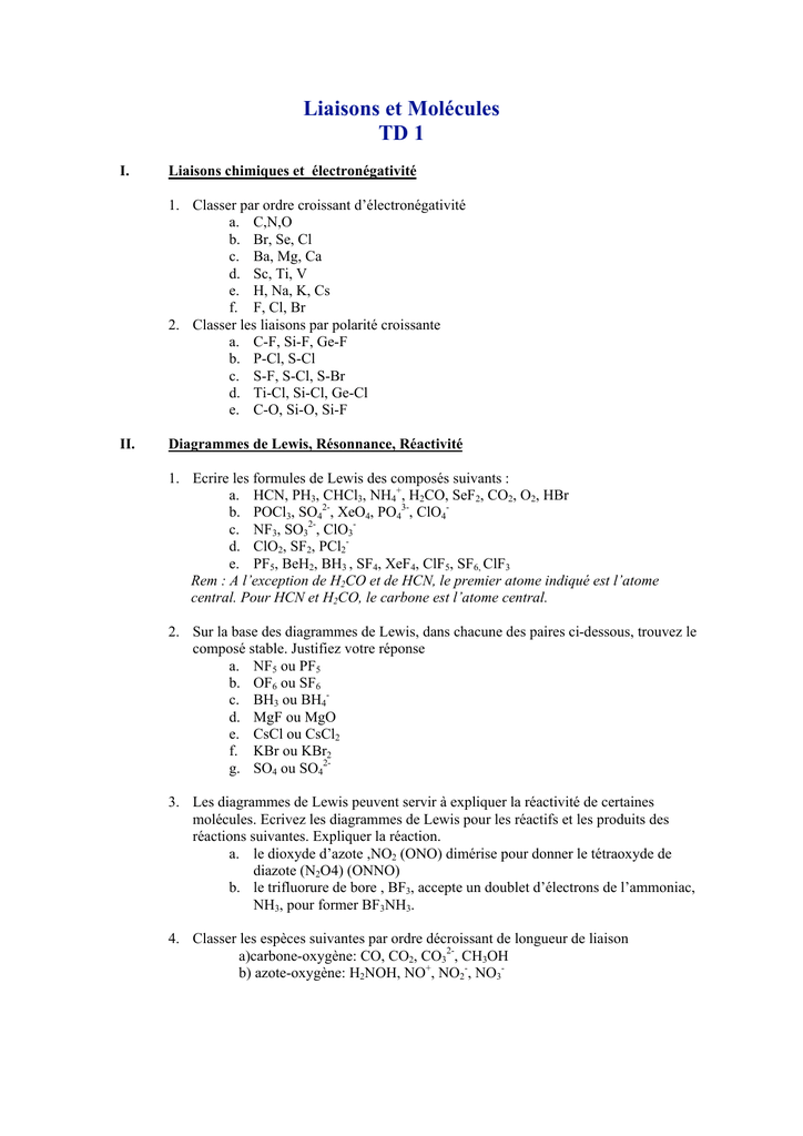 Liaisons Et Molecules Td 1