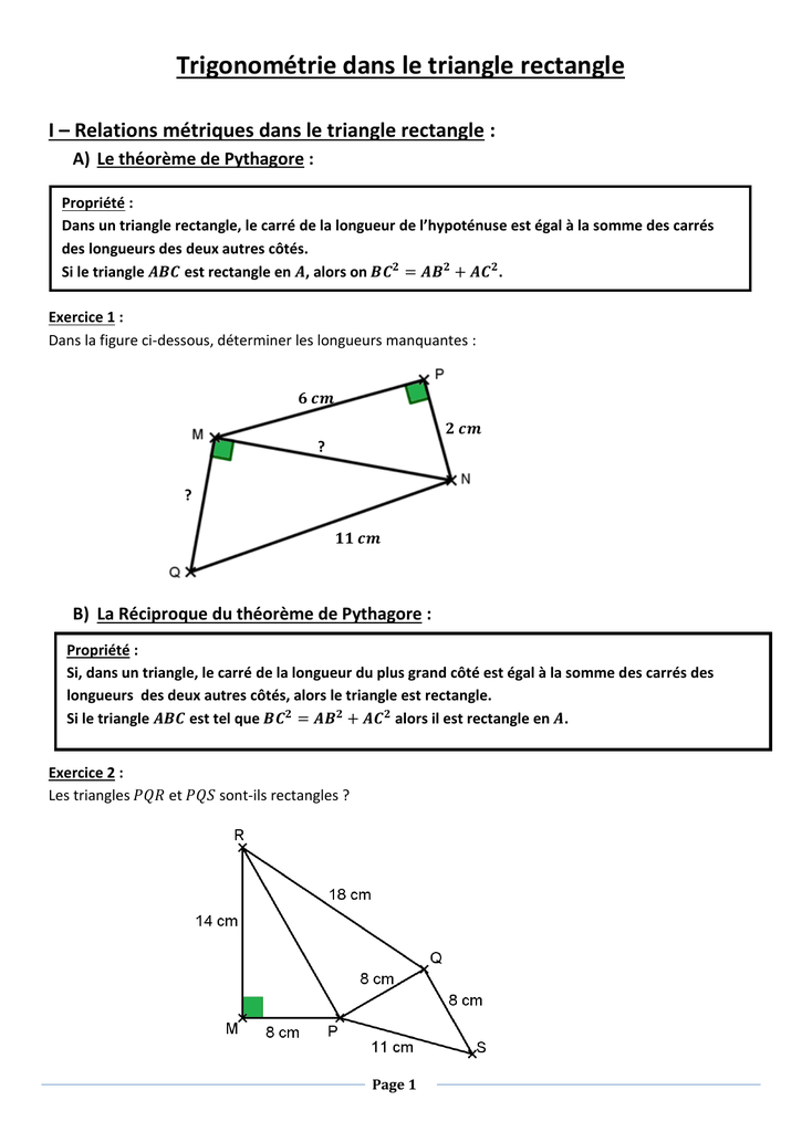 Trigonométrie Dans Le Triangle Rectangle