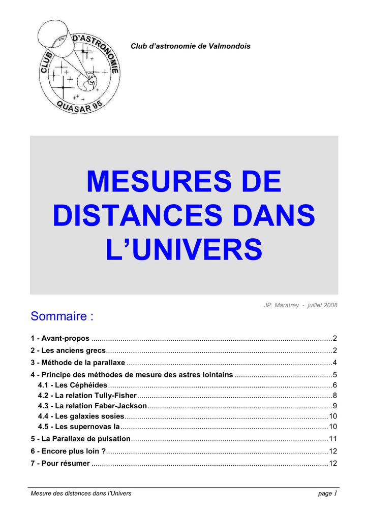  Mesure  des distances  dans l Univers