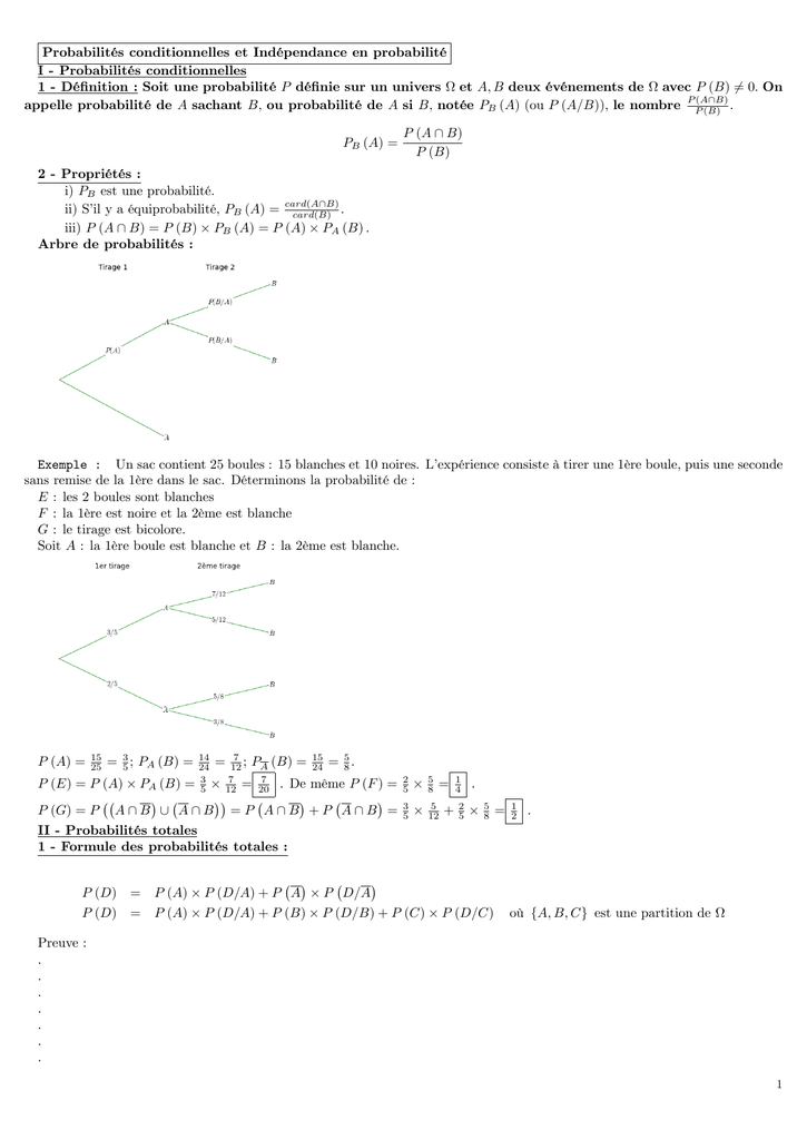 Probabilites Conditionnelles Et Independance En Probabilite I