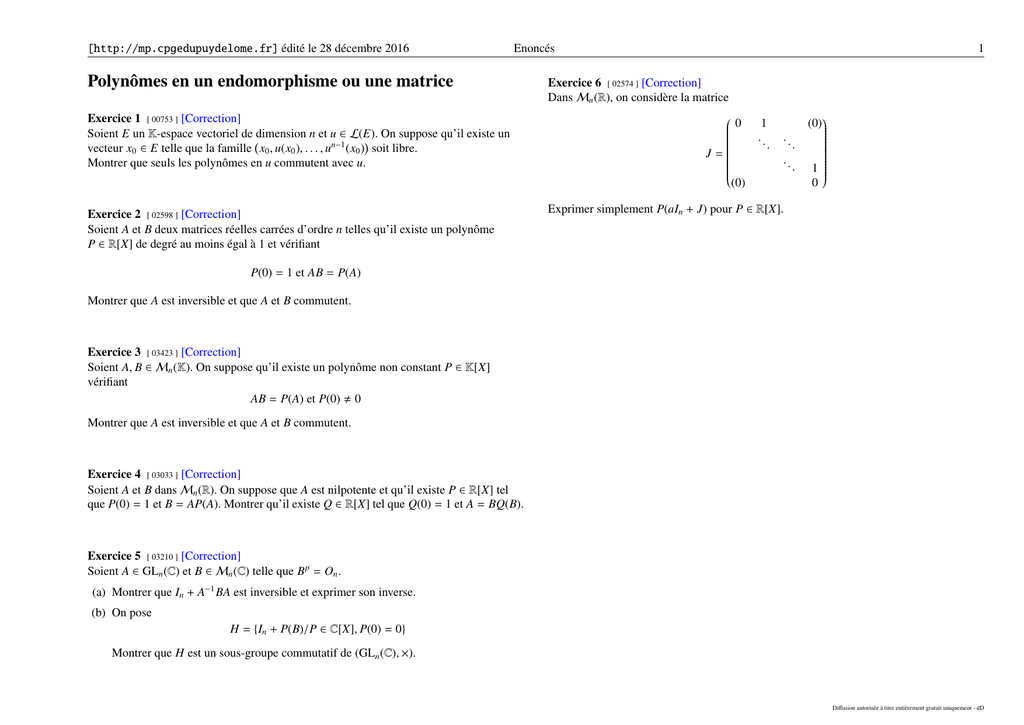 Polynomes En Un Endomorphisme Ou Une Matrice