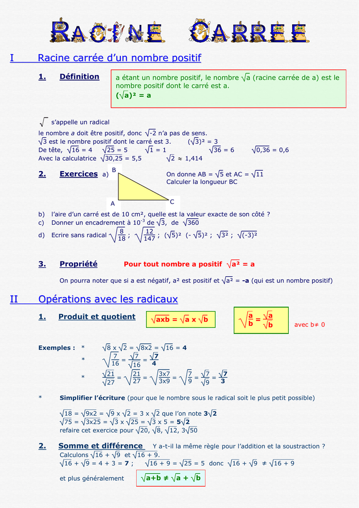 I Racine Carree D Un Nombre Positif Ii Operations Avec Les Radicaux