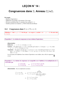 LEÇON N˚ 14 : Congruences dans Z. Anneau Z/nZ.