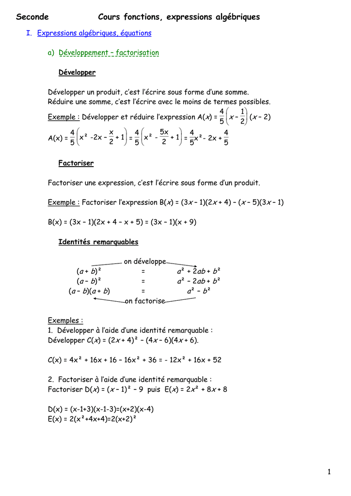 Cours Fonctions Expressions Algebriques