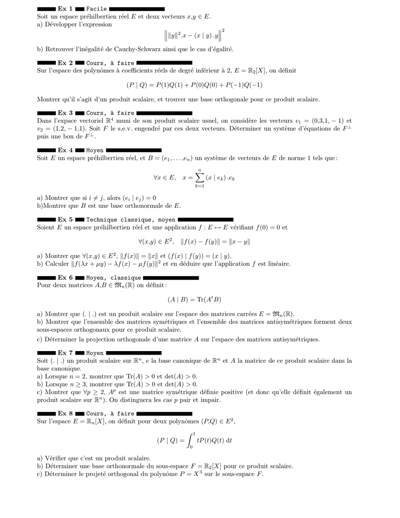 Ex 1 Facile Soit Un Espace Prehilbertien Reel E Et Deux Vecteurs X Y