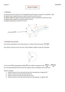 Chapitre 7 GEOMETRIE CERCLES ET DISQUES 1°) Définitions Le