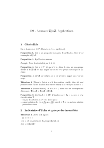 109 - Anneaux Z/nZ. Applications. 1 Généralités 2 Indicatrice d`Euler
