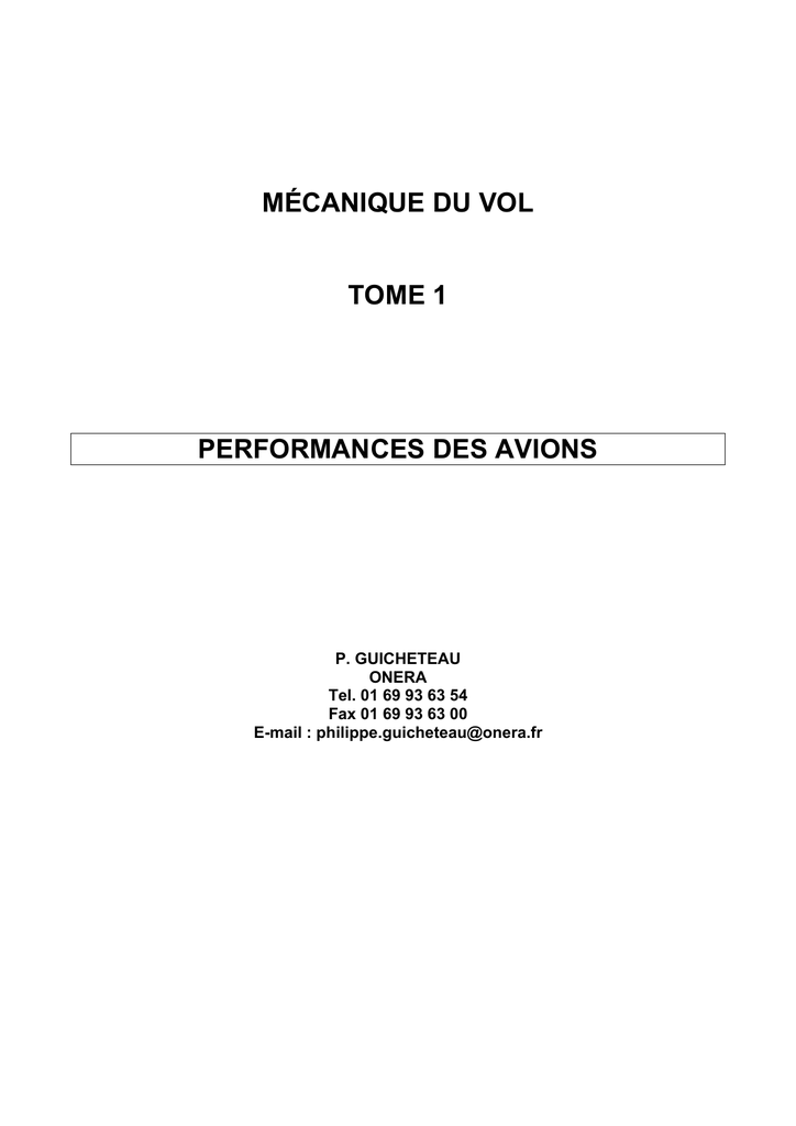 Mecanique Du Vol Tome 1 Performances Des Avions