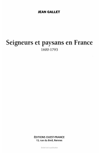 Seigneurs et paysans en France 1600-1793