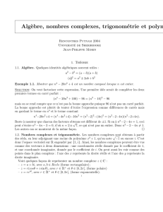 Alg`ebre, nombres complexes, trigonométrie et polynômes