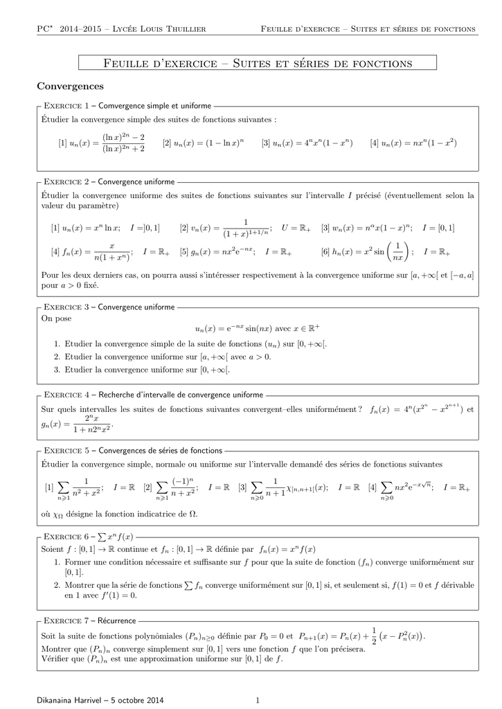 Feuille D Exercice Suites Et Series De Fonctions