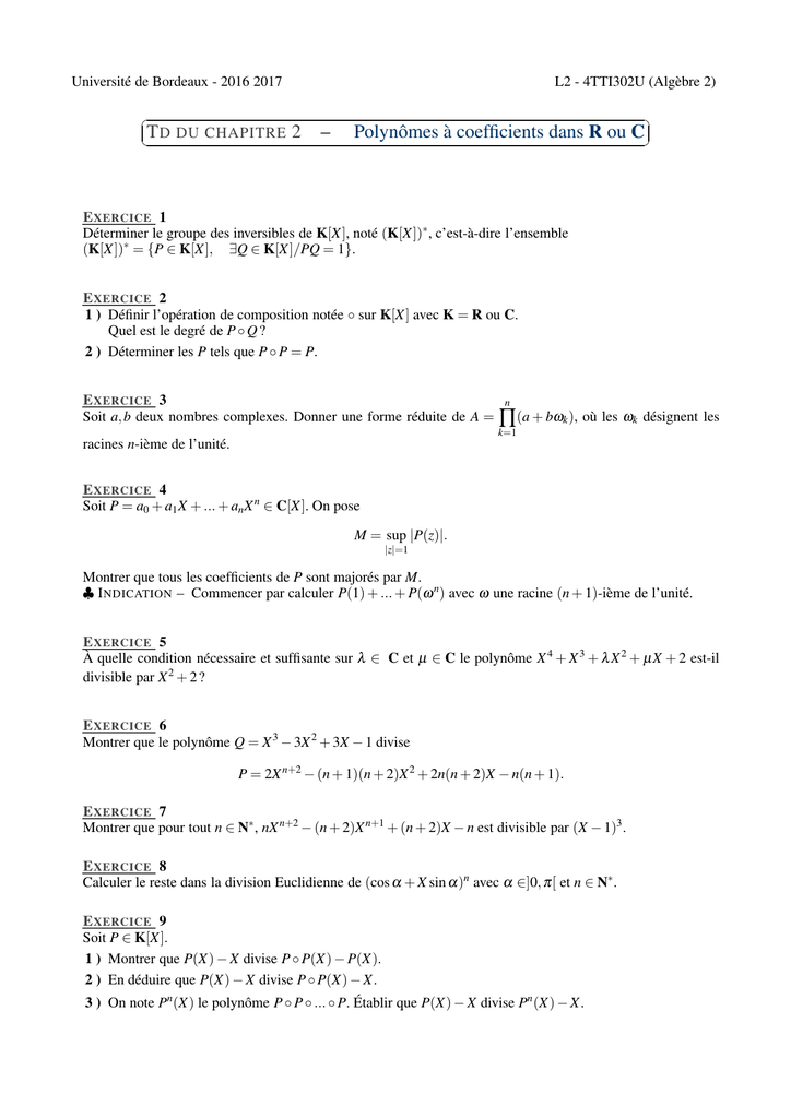 Td Du Chapitre 2 Polynomes A Coefficients Dans R Ou C