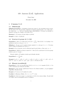 109: Anneaux Z/nZ. Applications. 1 L`anneau Z/nZ