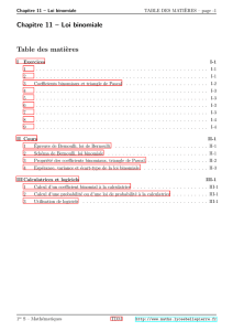 Chapitre 11 – Loi binomiale Table des matières