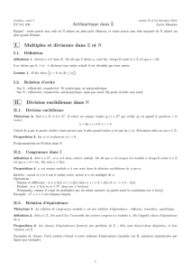 Arithmétique dans Z I. Multiples et diviseurs dans Z et N II. Division