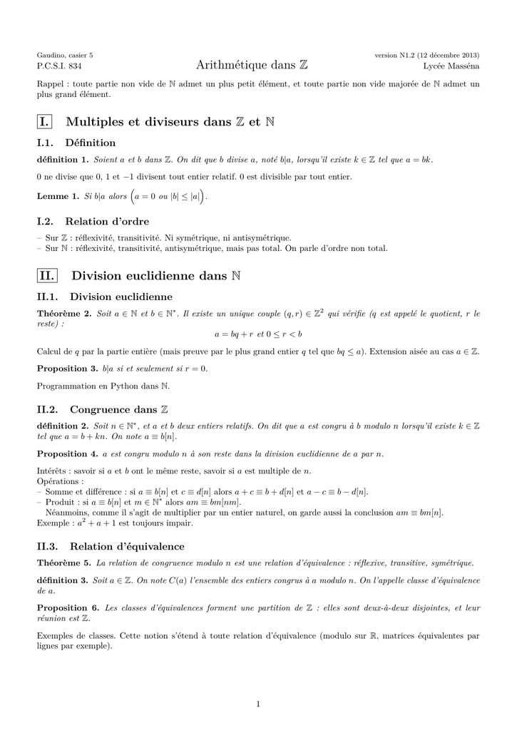 Arithmetique Dans Z I Multiples Et Diviseurs Dans Z Et N Ii Division