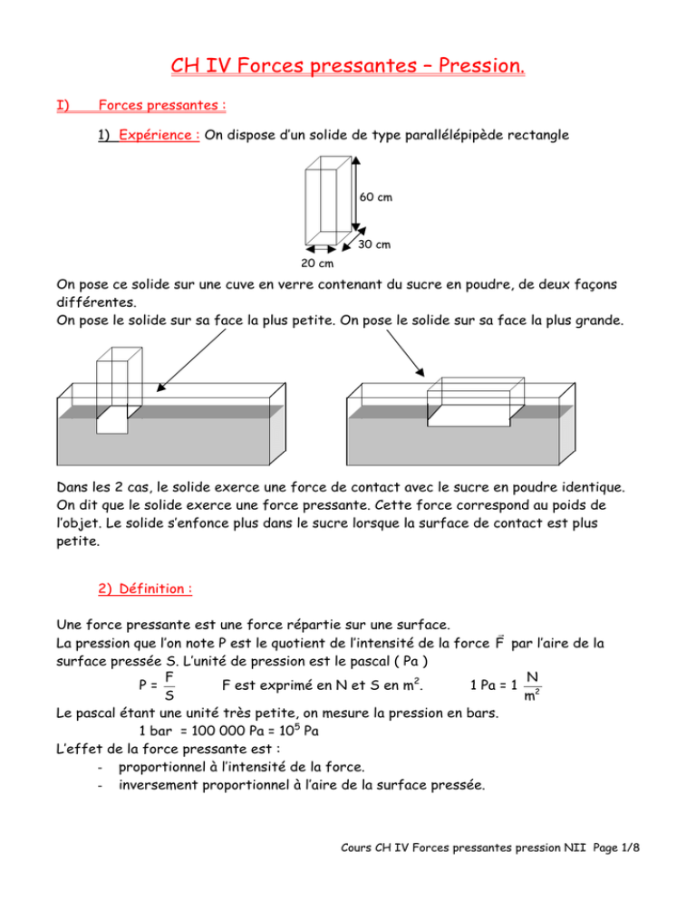 Cours CH IV Forces Pressantes Pression NII