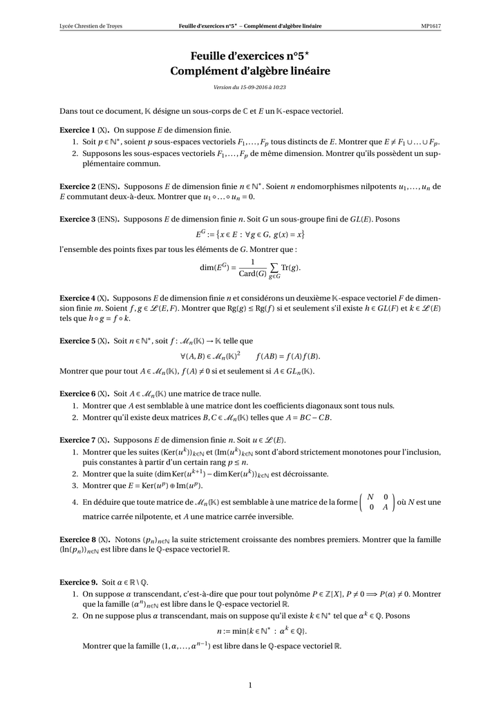 Feuille D Exercices N 5 Complement D Algebre Lineaire